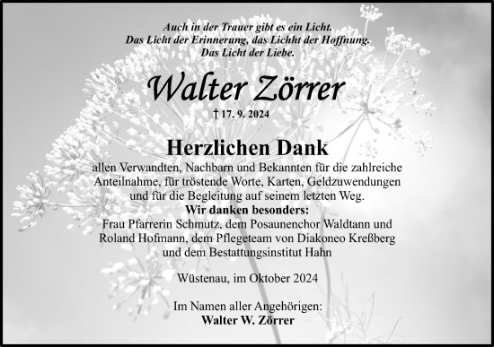 Traueranzeige von Walter Zörrer von Hohenloher Tagblatt