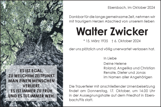 Traueranzeige von Walter Zwicker von NWZ Neue Württembergische Zeitung