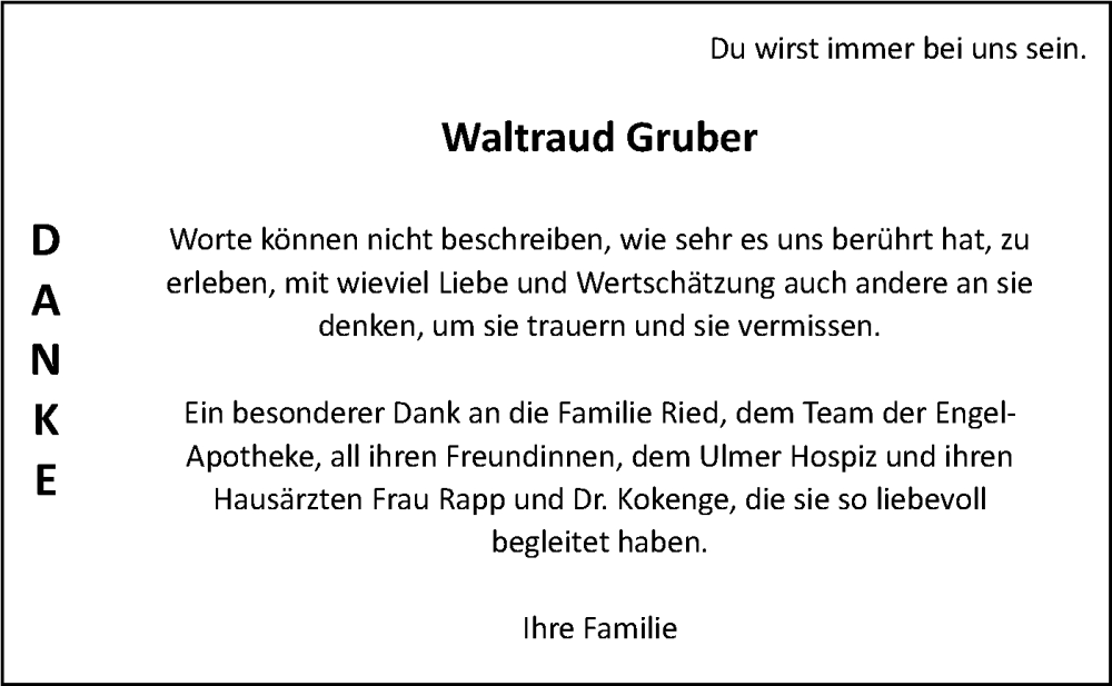  Traueranzeige für Waltraud Gruber vom 05.10.2024 aus SÜDWEST PRESSE Ausgabe Ulm/Neu-Ulm