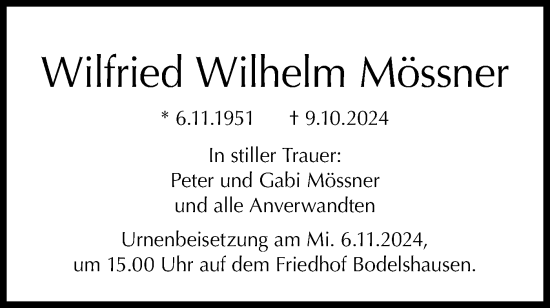 Traueranzeige von Wilfried Wilhelm Mössner von Schwäbische Tagblatt