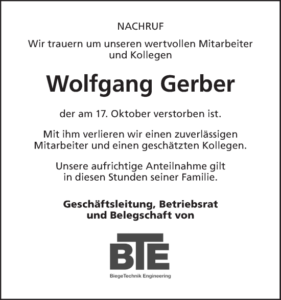 Traueranzeige von Wolfgang Gerber von Hohenloher Tagblatt