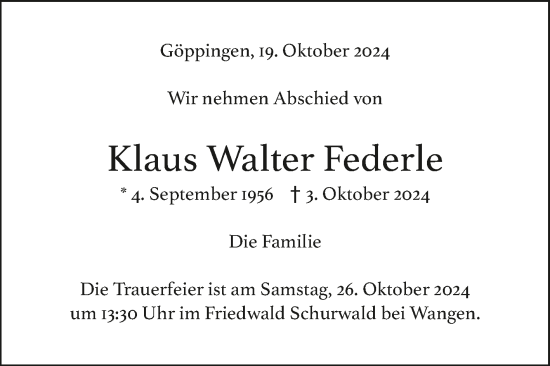 Traueranzeige von Klaus Walter Federle von Göppingen