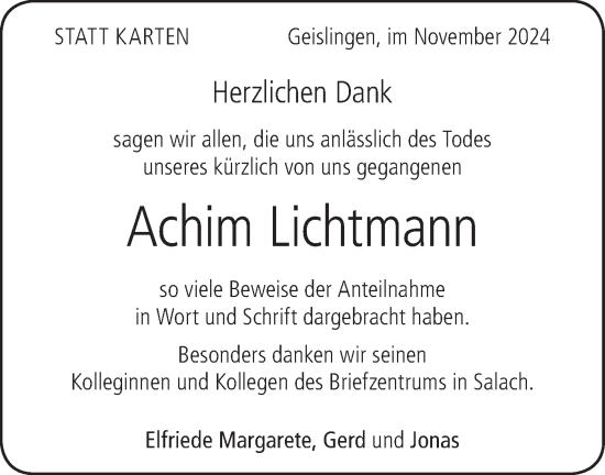 Traueranzeige von Achim Lichtmann von Geislinger Zeitung