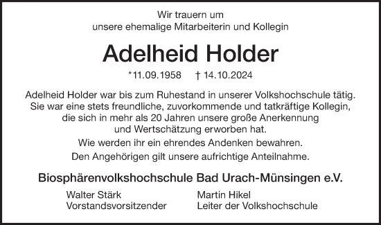 Traueranzeige von Adelheid Holder von Alb-Bote/Metzinger-Uracher Volksblatt