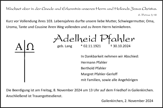 Traueranzeige von Adelheid Pfahler von Haller Tagblatt