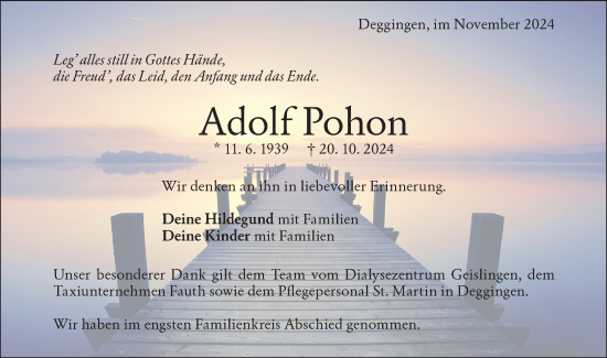 Traueranzeige von Adolf Pohon von Geislinger Zeitung