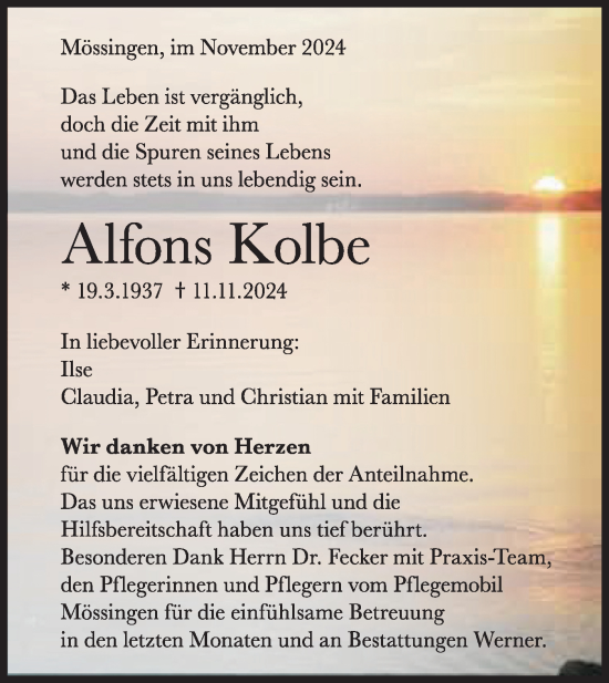 Traueranzeige von Alfons Kolbe von Schwäbische Tagblatt