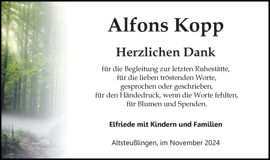 Traueranzeige von Alfons Kopp von Ehinger Tagblatt