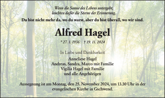 Traueranzeige von Alfred Hagel von Rundschau Gaildorf