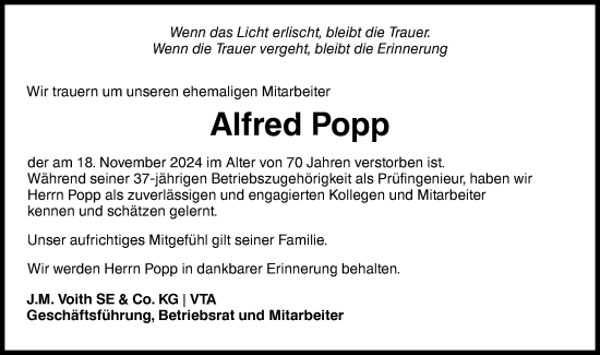 Traueranzeige von Alfred Popp von Hohenloher Tagblatt