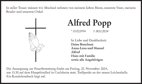 Traueranzeige von Alfred Popp von Hohenloher Tagblatt