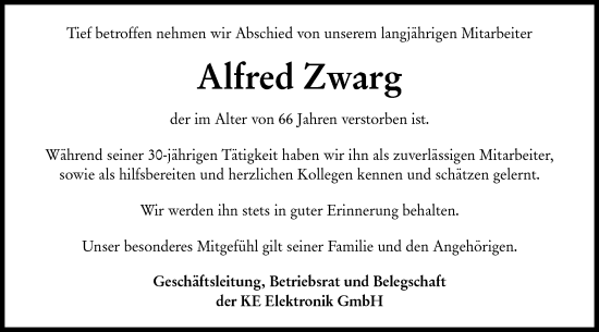 Traueranzeige von Alfred Zwarg von Hohenloher Tagblatt