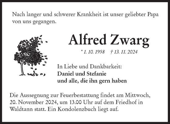 Traueranzeige von Alfred Zwarg von Hohenloher Tagblatt