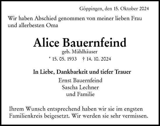 Traueranzeige von Alice Bauernfeind von NWZ Neue Württembergische Zeitung