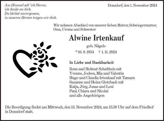 Traueranzeige von Alwine Irtenkauf von NWZ Neue Württembergische Zeitung