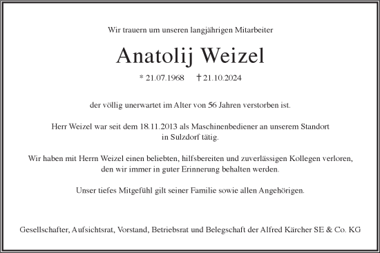 Traueranzeige von Anatolij Weizel von Haller Tagblatt