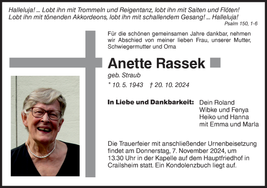 Traueranzeige von Anette Rassek von Hohenloher Tagblatt