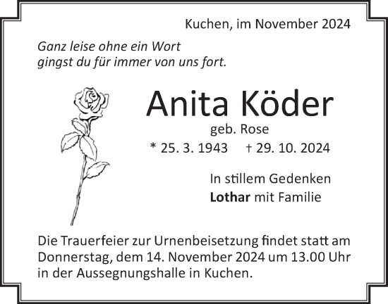 Traueranzeige von Anita Köder von Geislinger Zeitung