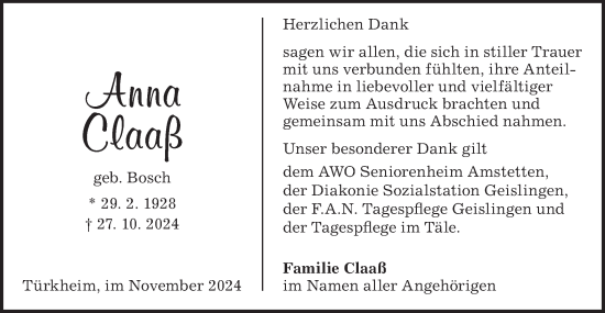 Traueranzeige von Anna Claaß von Geislinger Zeitung