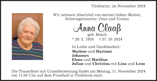 Traueranzeige von Anna Claaß von Geislinger Zeitung