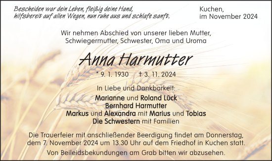 Traueranzeige von Anna Harmutter von Geislinger Zeitung