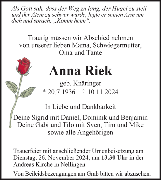 Traueranzeige von Anna Riek von SÜDWEST PRESSE Ausgabe Ulm/Neu-Ulm