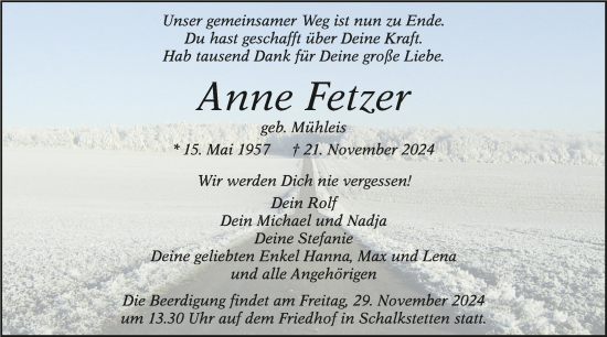 Traueranzeige von Anne Fetzer von NWZ Neue Württembergische Zeitung/Geislinger Zeitung