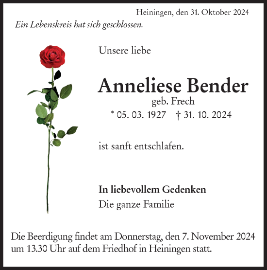 Traueranzeige von Anneliese Bender von NWZ Neue Württembergische Zeitung