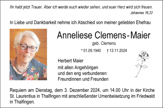 Traueranzeige von Anneliese Clemens-Maier von SÜDWEST PRESSE Ausgabe Ulm/Neu-Ulm