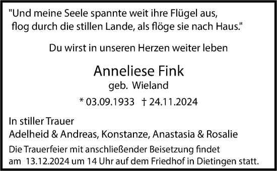 Traueranzeige von Anneliese Fink von SÜDWEST PRESSE Ausgabe Ulm/Neu-Ulm