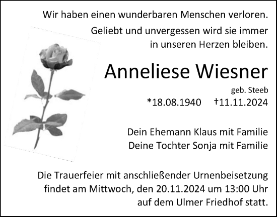 Traueranzeige von Anneliese Wiesner von SÜDWEST PRESSE Ausgabe Ulm/Neu-Ulm