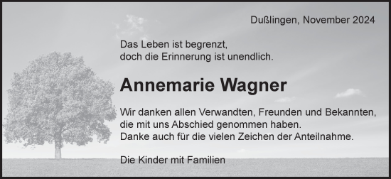 Traueranzeige von Annemarie Wagner von Schwäbische Tagblatt