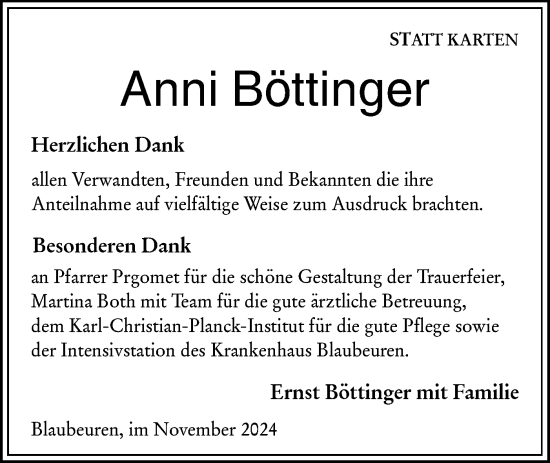 Traueranzeige von Anni Böttinger von Das Blaumännle