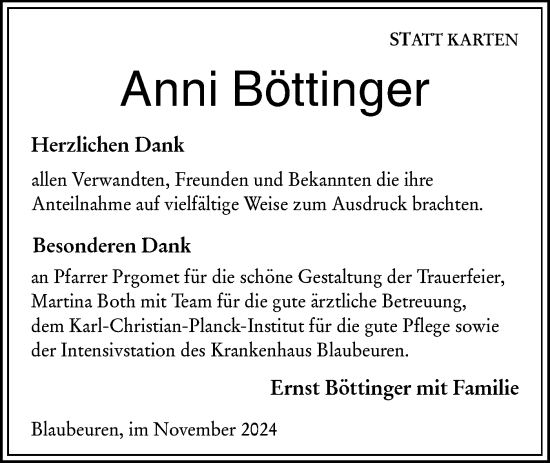 Traueranzeige von Anni Böttinger von SÜDWEST PRESSE Ausgabe Ulm/Neu-Ulm