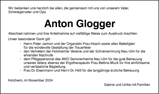 Traueranzeige von Anton Glogger von SÜDWEST PRESSE Ausgabe Ulm/Neu-Ulm/Neu-Ulmer Zeitung