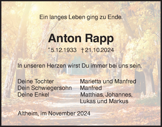 Traueranzeige von Anton Rapp von SÜDWEST PRESSE Ausgabe Ulm/Neu-Ulm