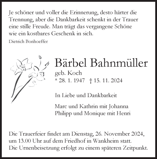 Traueranzeige von Bärbel Bahnmüller von Schwäbische Tagblatt