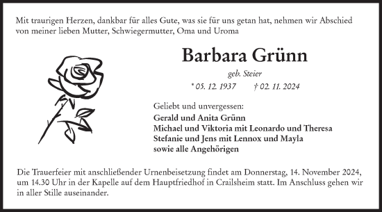 Traueranzeige von Barbara Grünn von Hohenloher Tagblatt