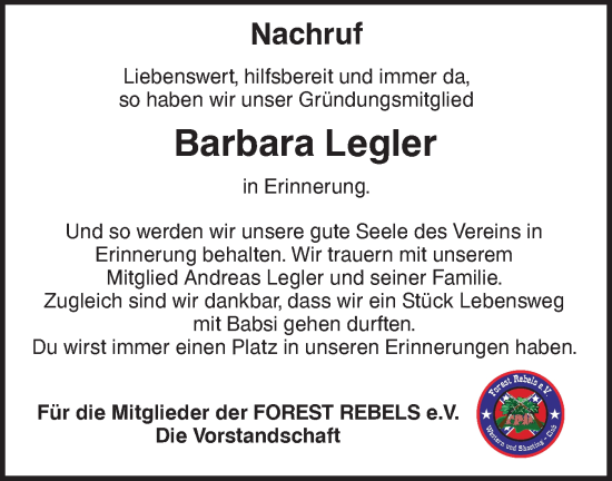 Traueranzeige von Barbara Legler von NWZ Neue Württembergische Zeitung