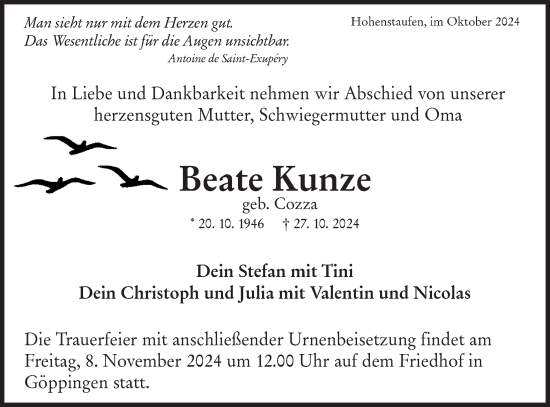 Traueranzeige von Beate Kunze von NWZ Neue Württembergische Zeitung