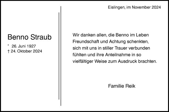 Traueranzeige von Benno Straub von NWZ Neue Württembergische Zeitung