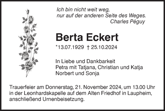 Traueranzeige von Berta Eckert von SÜDWEST PRESSE Ausgabe Ulm/Neu-Ulm