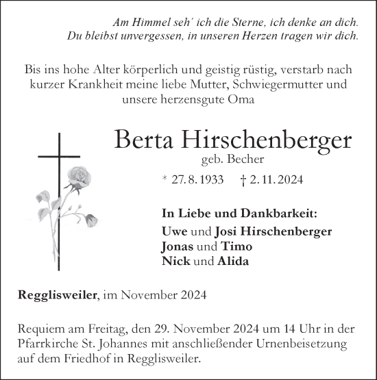 Traueranzeige von Berta Hirschenberger von SÜDWEST PRESSE Ausgabe Ulm/Neu-Ulm