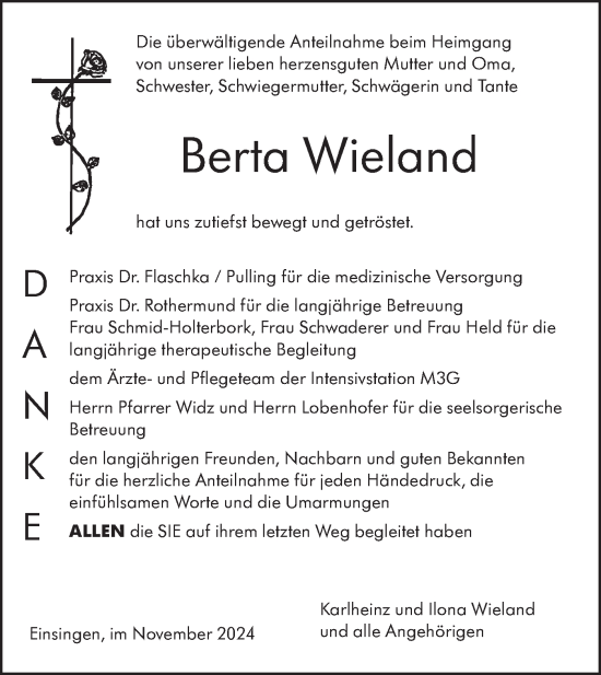 Traueranzeige von Berta Wieland von SÜDWEST PRESSE Ausgabe Ulm/Neu-Ulm