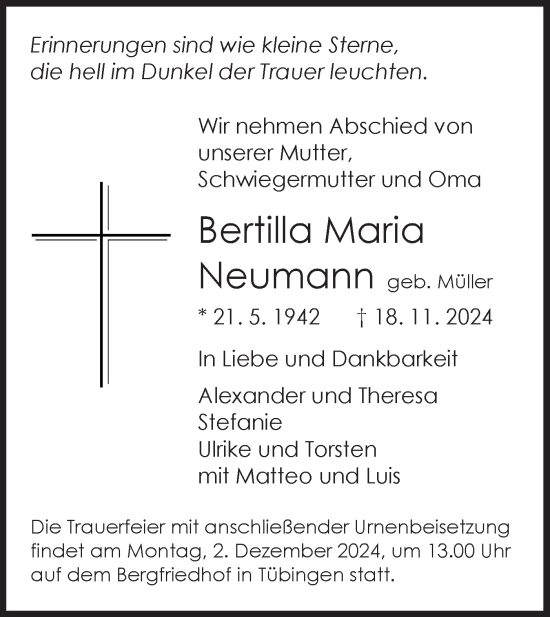 Traueranzeige von Bertilla Maria Neumann von Schwäbische Tagblatt