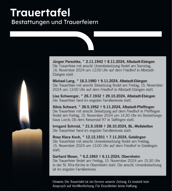 Traueranzeige von Bestattungen vom 14.11.2024 von SÜDWEST PRESSE Zollernalbkreis/Hohenzollerische Zeitung