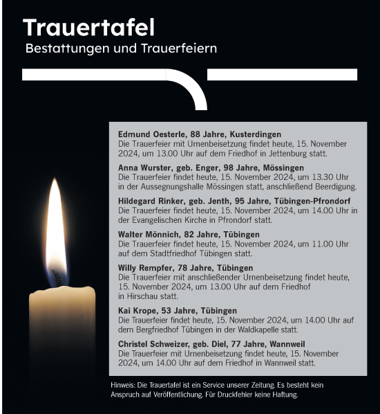 Traueranzeige von Bestattungen vom 15.11.2024 von Schwäbische Tagblatt