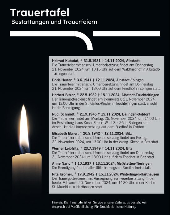 Traueranzeige von Bestattungen vom 20.11.2024 von SÜDWEST PRESSE Zollernalbkreis/Hohenzollerische Zeitung