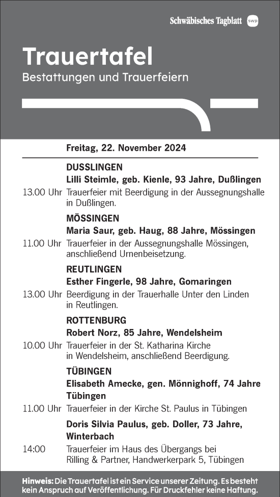 Traueranzeige von Bestattungen vom 22.11.2024 von Schwäbische Tagblatt