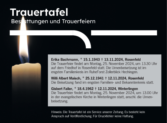 Traueranzeige von Bestattungen vom 22.11.2024 von SÜDWEST PRESSE Zollernalbkreis/Hohenzollerische Zeitung